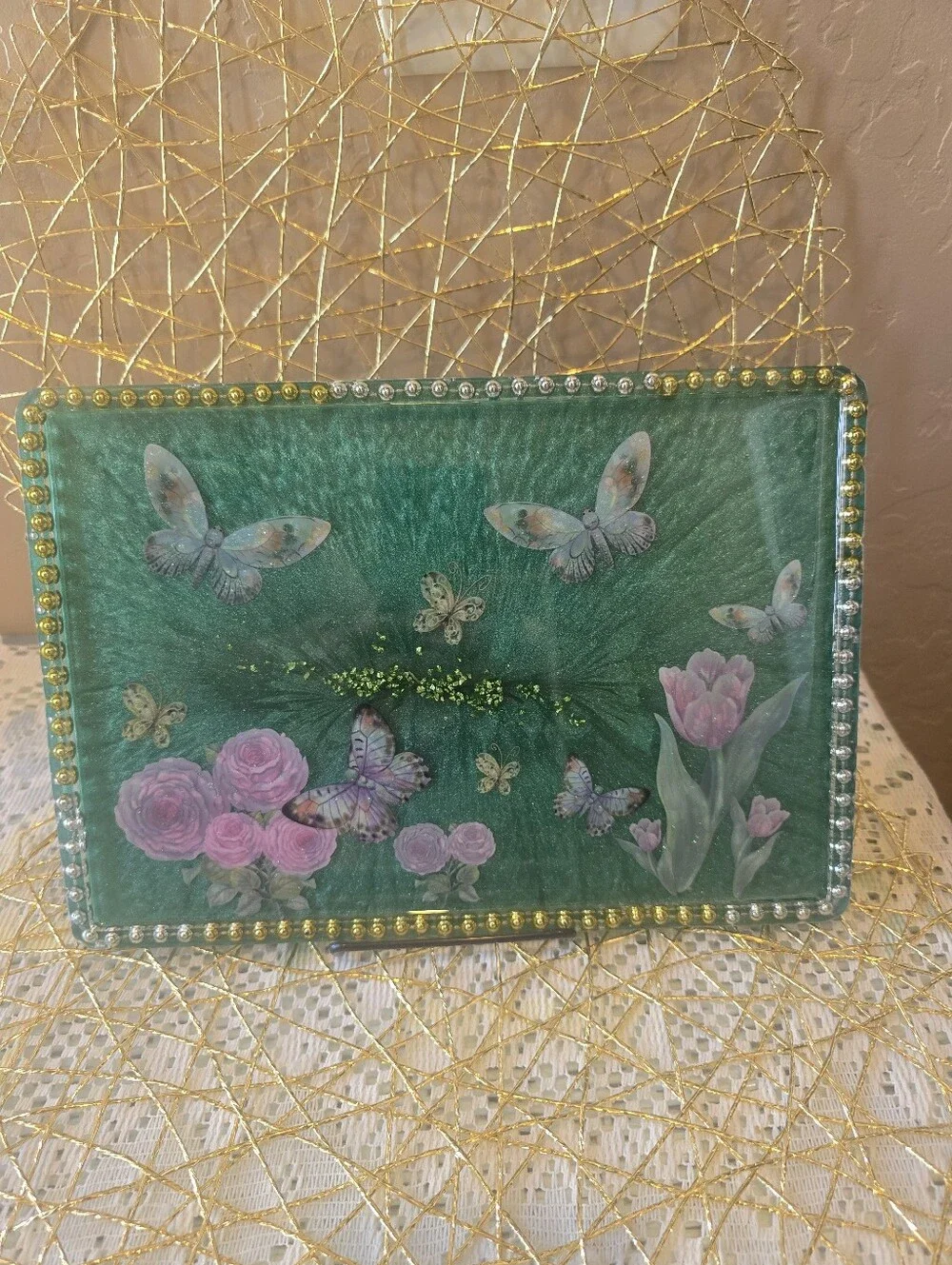 Green Butterfly & Floral Decorative Clutch Tray 11x8